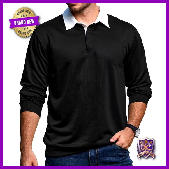Men's Long Sleeve Polo Button Down Sweatshirt Contrast Collar Pullover